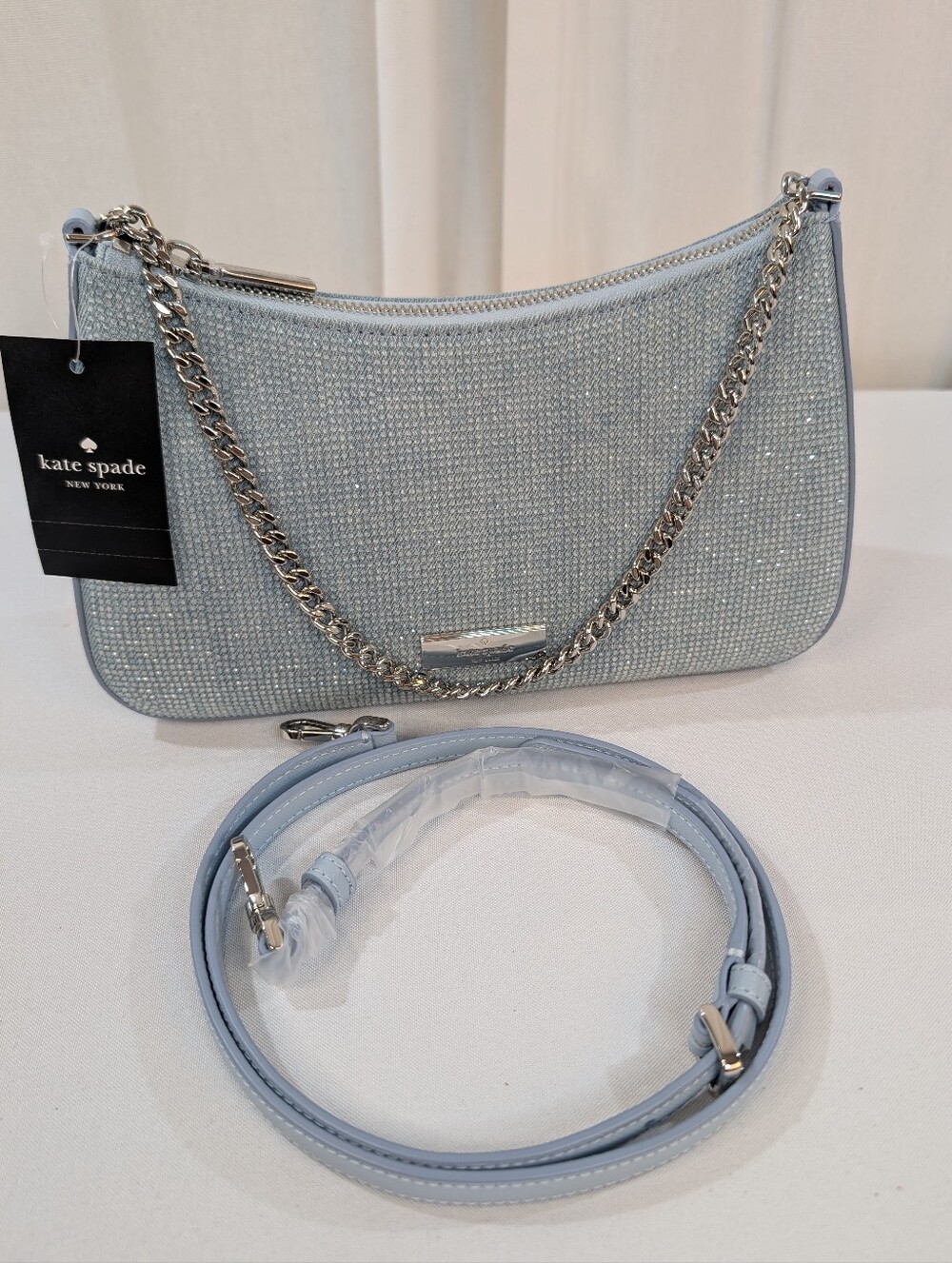 Kate Spade Madison Denim Rhinestone Studded Convertible Crossbody Light Blue - Picture 4 of 13
